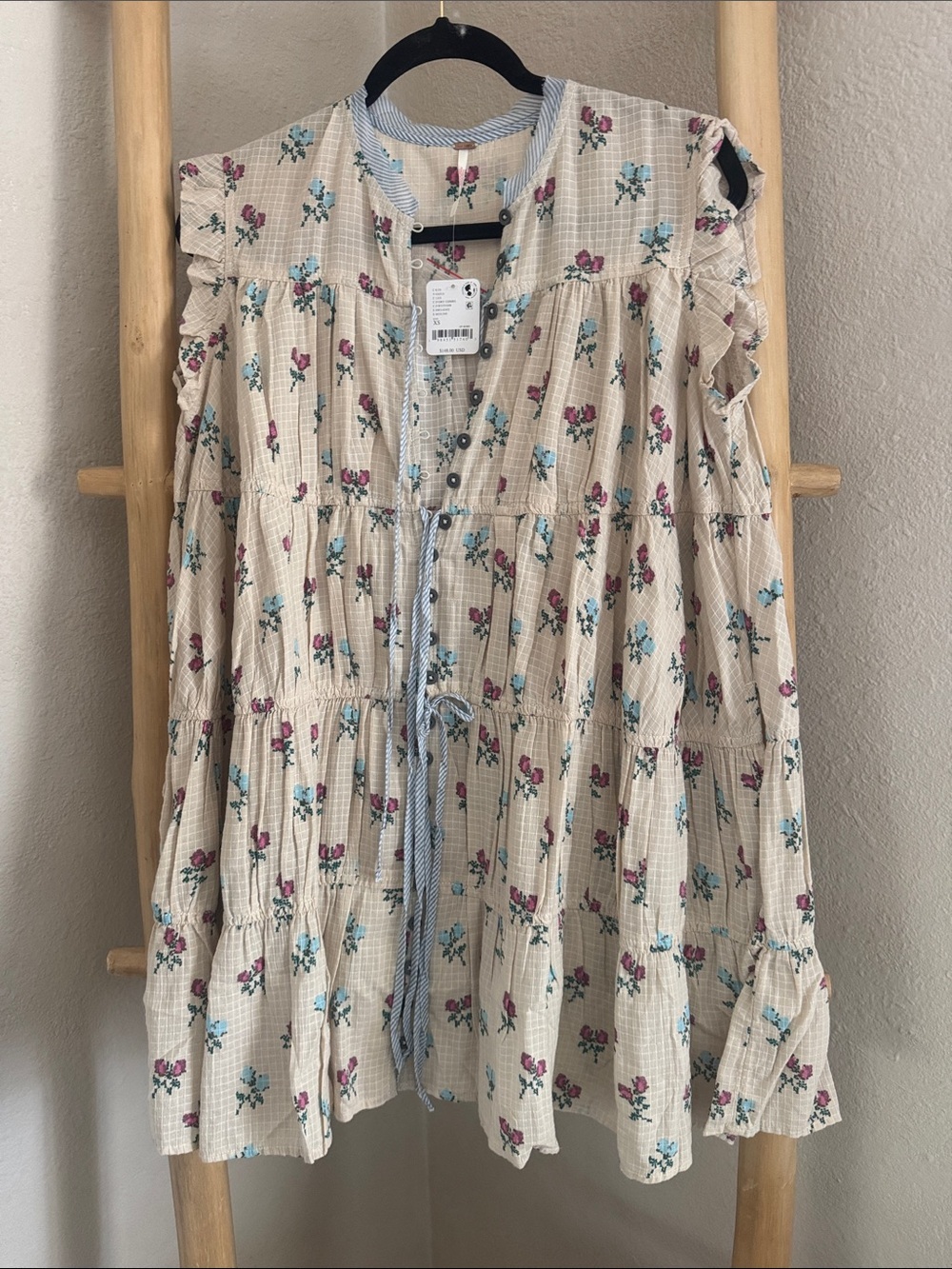 Free People Cream Floral Tiered Sleeveless Tunic with Pink & Blue Blooms